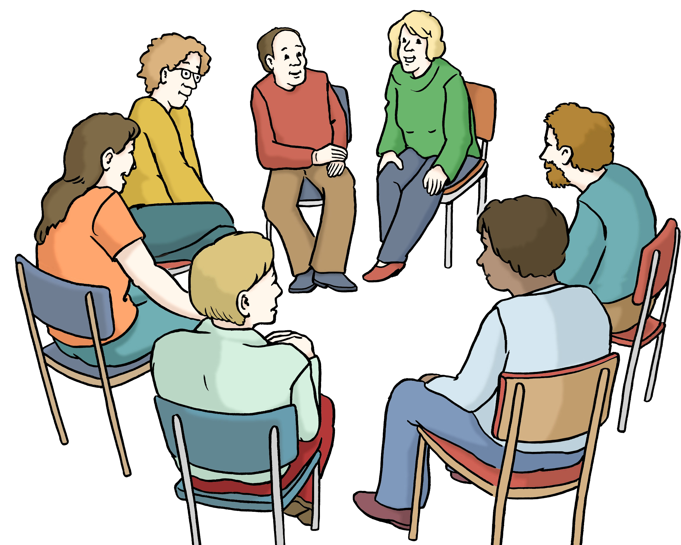 Sieben Menschen sitzen in einem Kreis auf Stühlen, sprechen und hören zu.