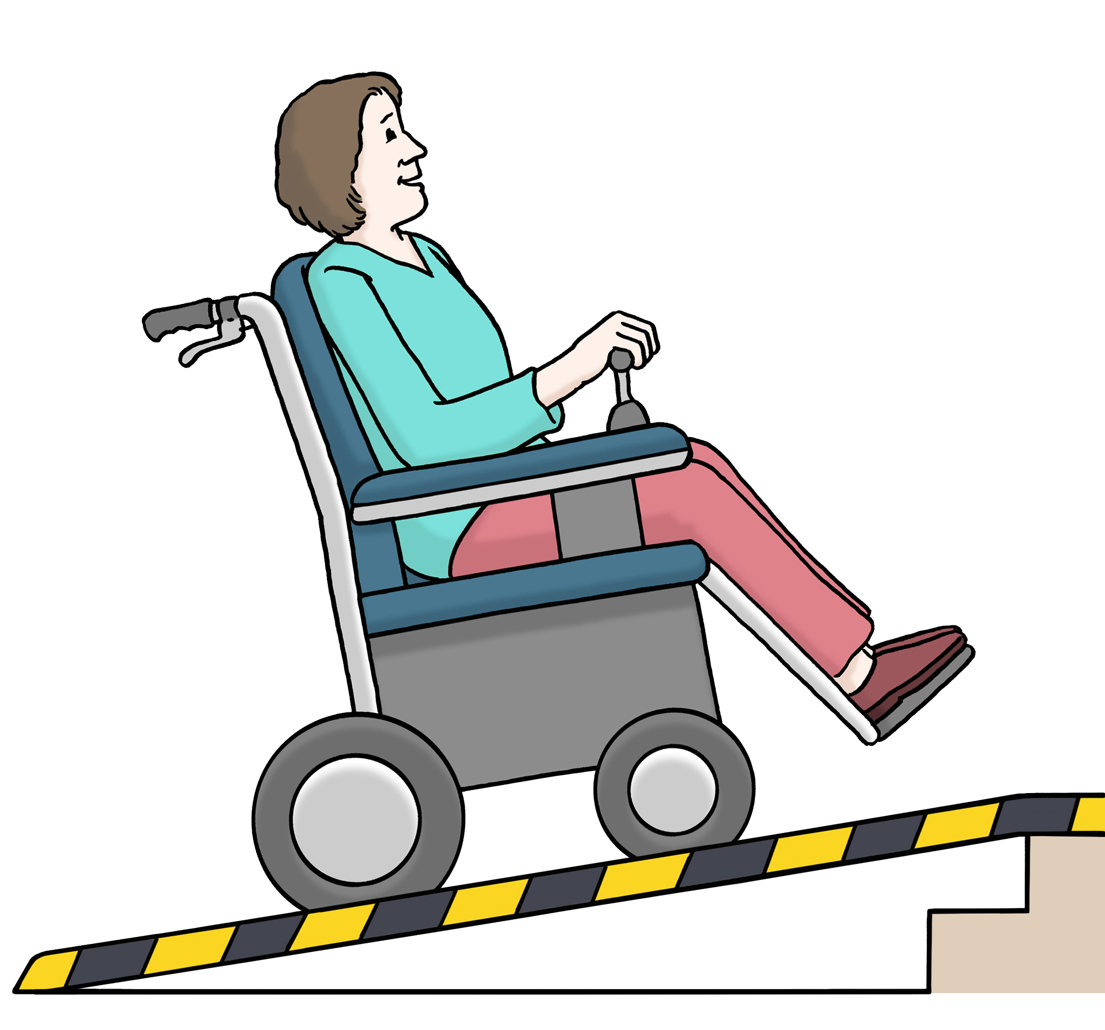 eine Person fährt mit einem elektronischen Rollstuhl eine Rampe hinauf